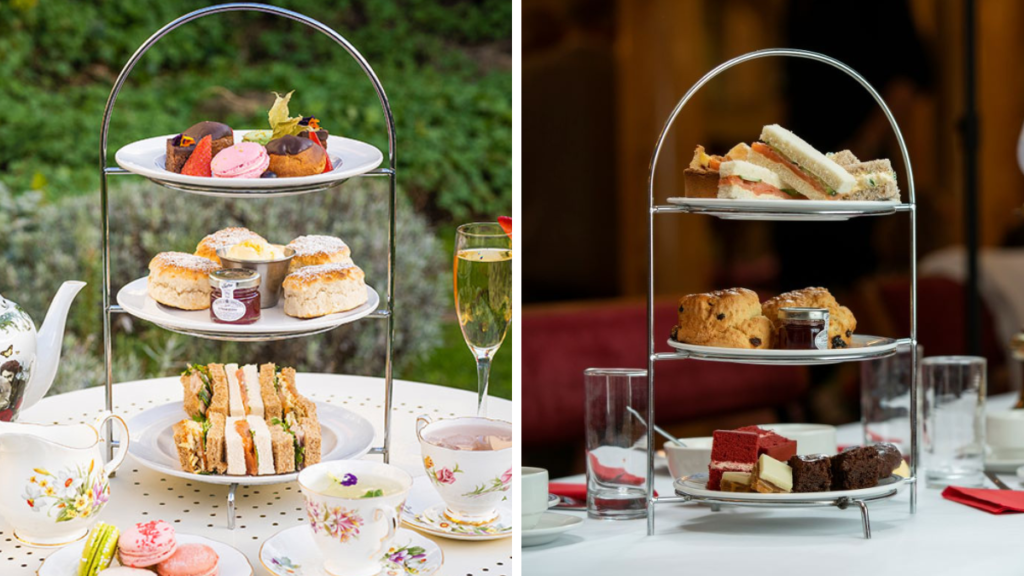 afternoon tea in Bristol, with sandwiches, tiers of cakes and macarons, champagne and scones