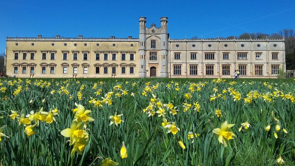 the exterior of the Arts Mansion with daffodils in the foreground
