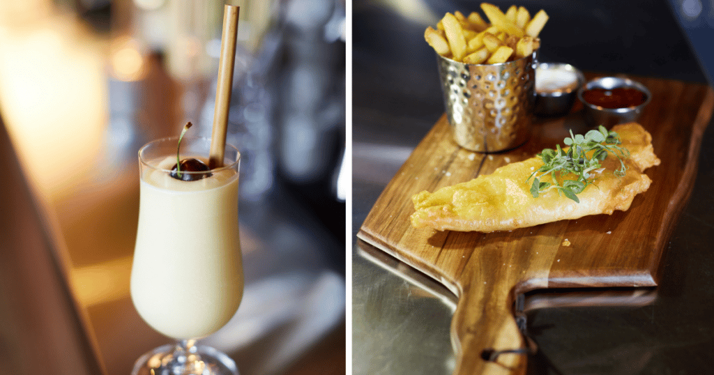 image-collage-fish-and-chips-on-board-frozen-pina-colada-with-cherry-on-top
