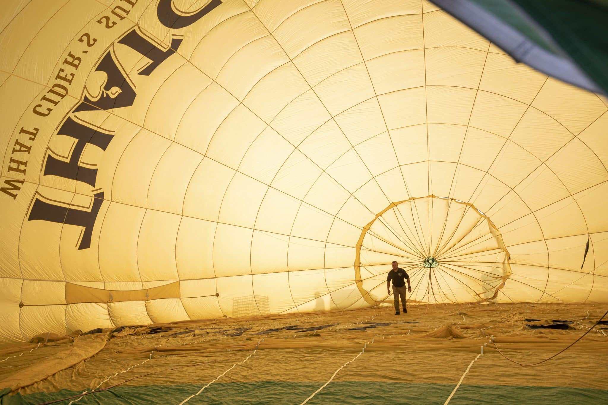 Inside of a hot-air baloon as it lands at the Bristol International Balloon Fiesta