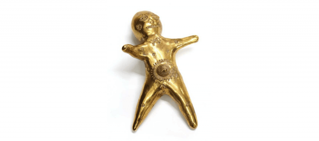 Alien Baby, a gold cermaic statue in the shape of a premature baby