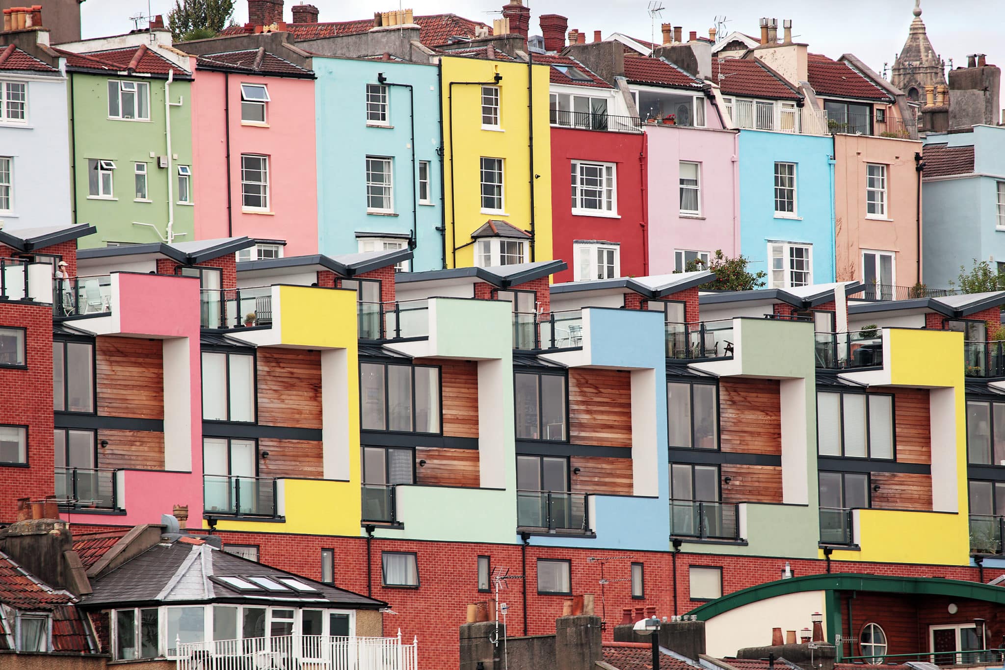 Quirky Bristol. Modern houses with Georgian colourful houses behind