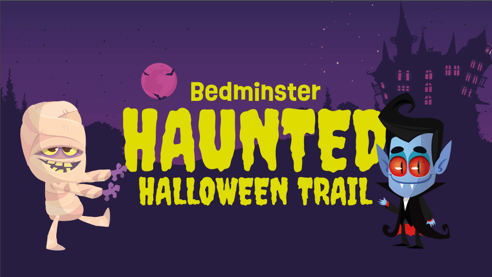 A poster reading Bedminster Haunted Halloween Trail with a mummy and vampire