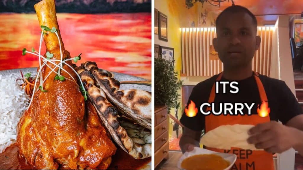 A Lamb Shank curry from Urban Tandoor next to a still from one of their TikToks. Words read: Its Curry