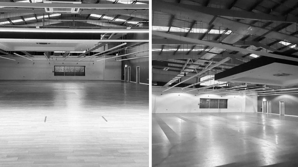 An empty Central Warehouse in black & white