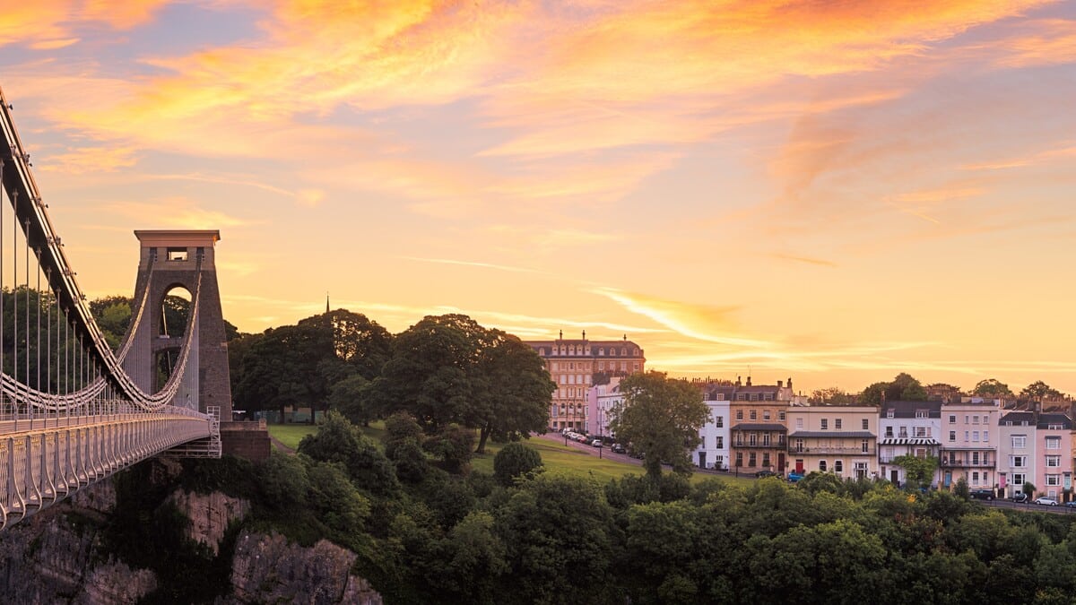 A view of Clifton from Clifton Suspension Bridge at sunset