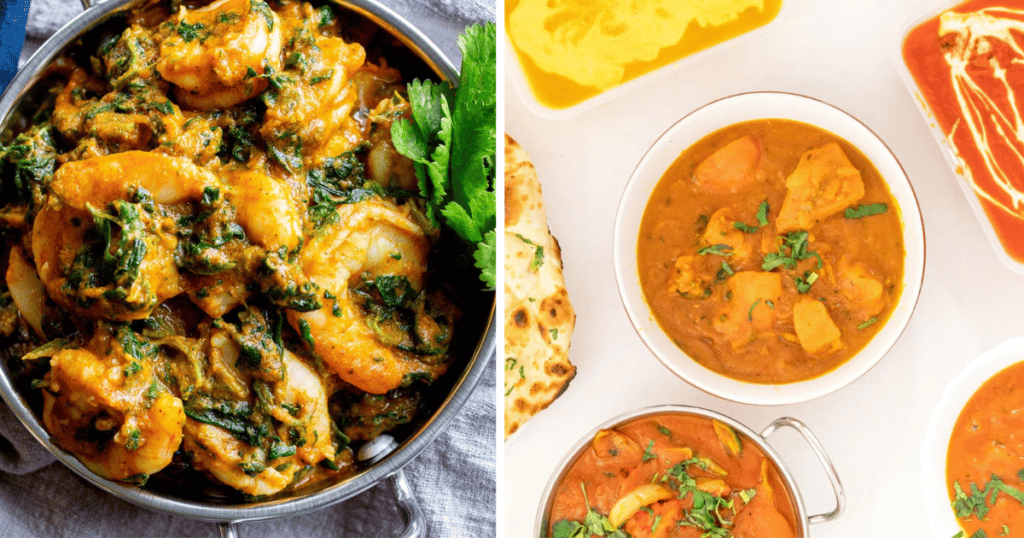 A selection of Vegan India dishes, including vegan shrimp and plant-based chicken korma