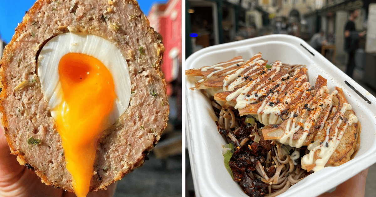 A scotch egg and gyoza dumplings, two of the best cheap eats in Bristol