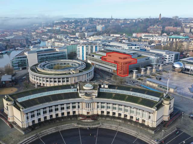 Aerial view across Harbourside showing the location of Building 11 and the scope of development (in red)