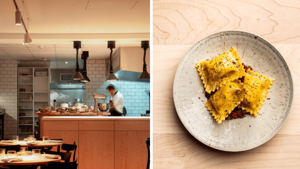 The open kitchen at Casa In Birstolnext to a plate of potato ravioli