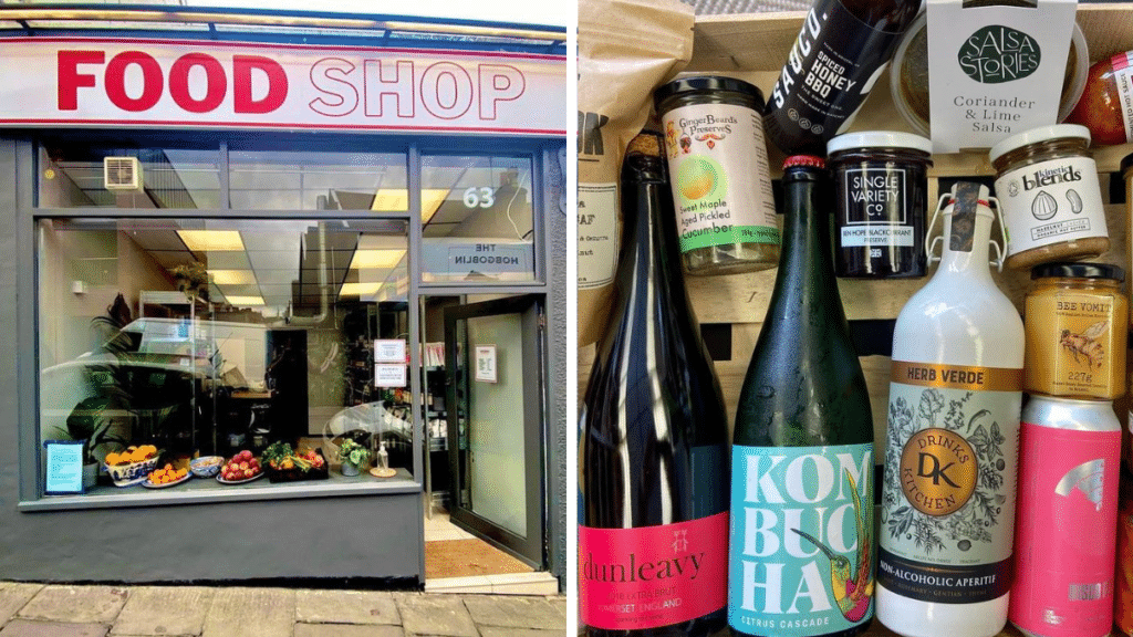 Shop front reading: FOOD SHOP on Gloucester road, next to a selection of indepdent Bristol goods, including beers, wine, sauces and seasoning