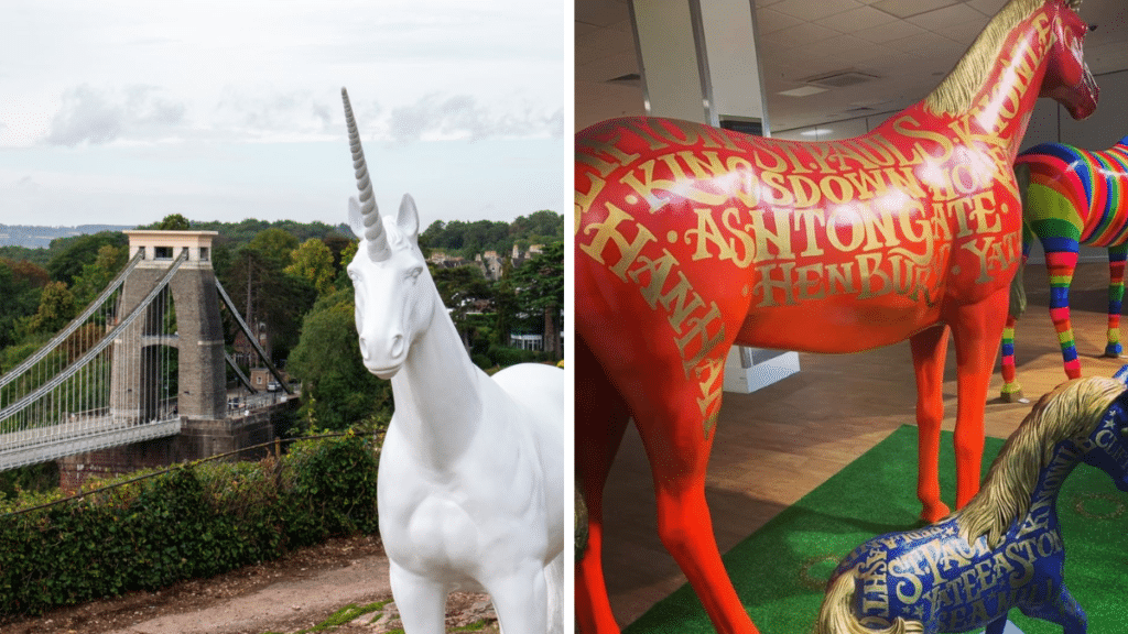 UnicornFest unicorns, one in front of Clifton Suspension Bridge, the others in a room freshly painted