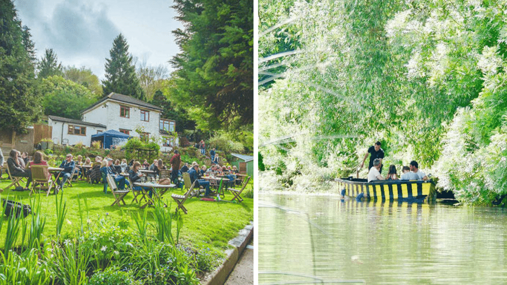 People sat at tables at Beeses Bar as others take a ferry trip down the River Avon