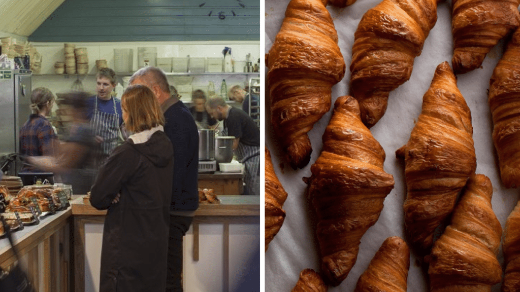 The busy interior of Hart's Bakery underneath Bristol Temple Meads and a tray full of croissants