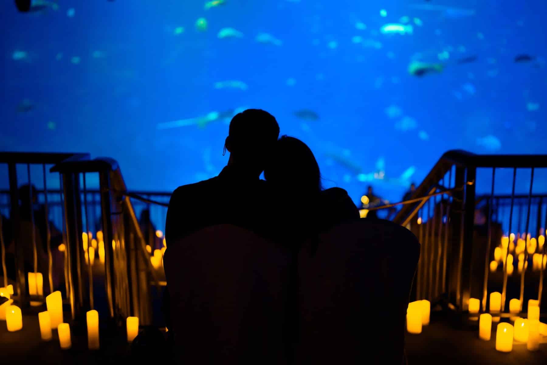 The silhouette of a couple leaning on one another while sitting on stairs watching the fish at an aquarium, surrounded by candles.