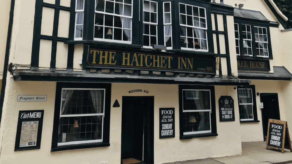 The timber front of The Hatchet Inn, which is said to have front door containing human skin