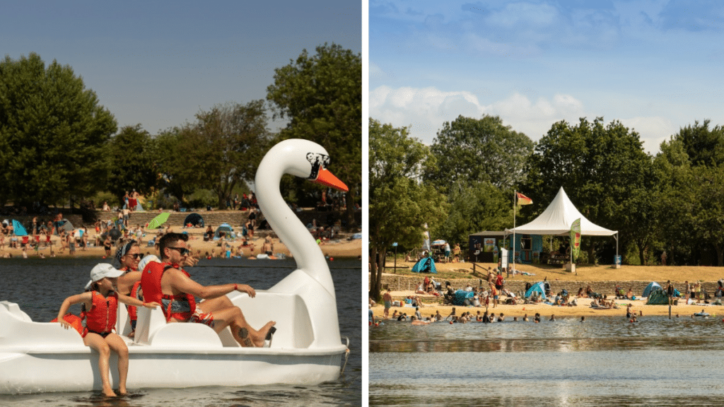 Cotswold Country Park & Beach, with sandy inland beach and swan boat