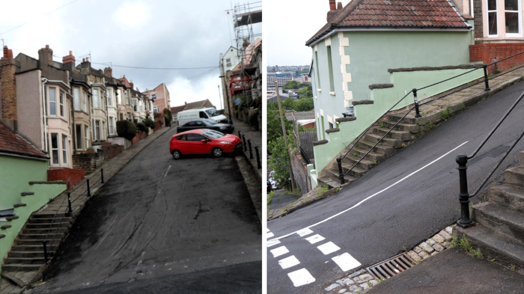 Vale street with a green house at the bottom and cars parked sideways along the road, the steepest street in England