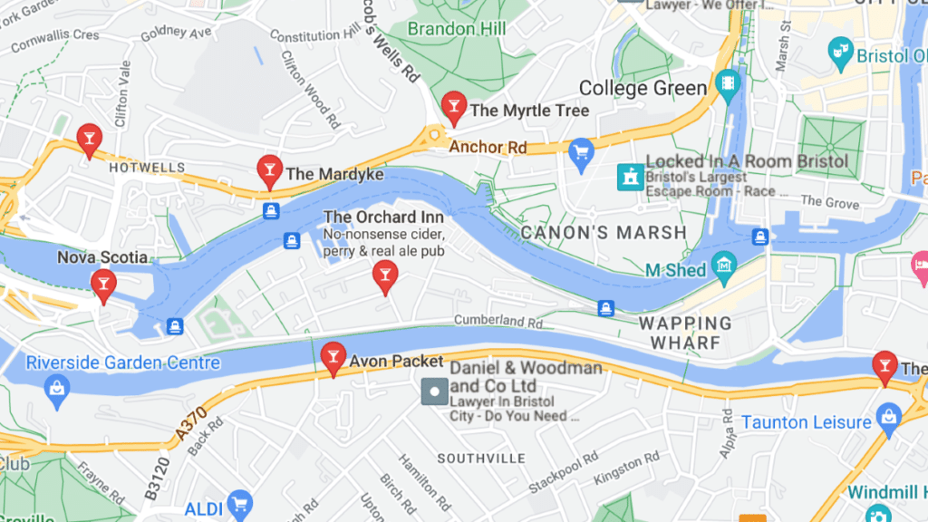A Google Map of Bristol's Harbourside showing the budget pub crawl