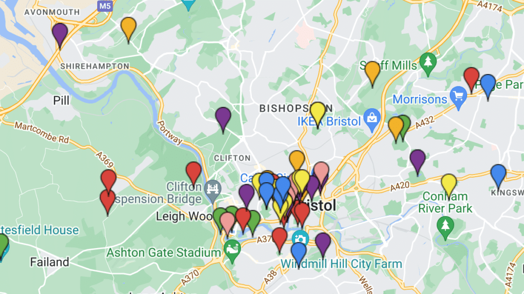 A Google Map of Bristol showing every Skins location