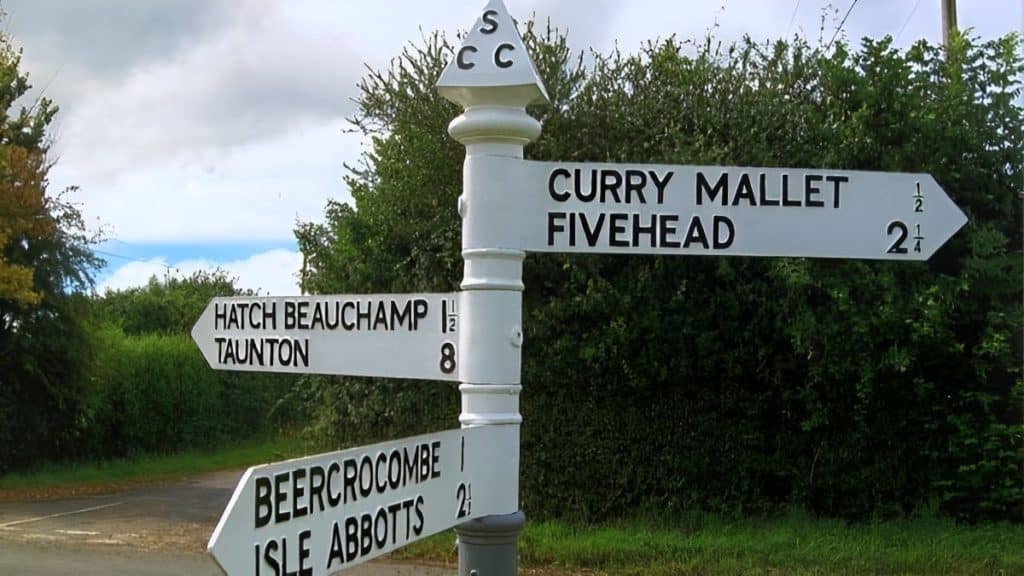 A sign in the West Country showing some of the strangest place names near Bristol
