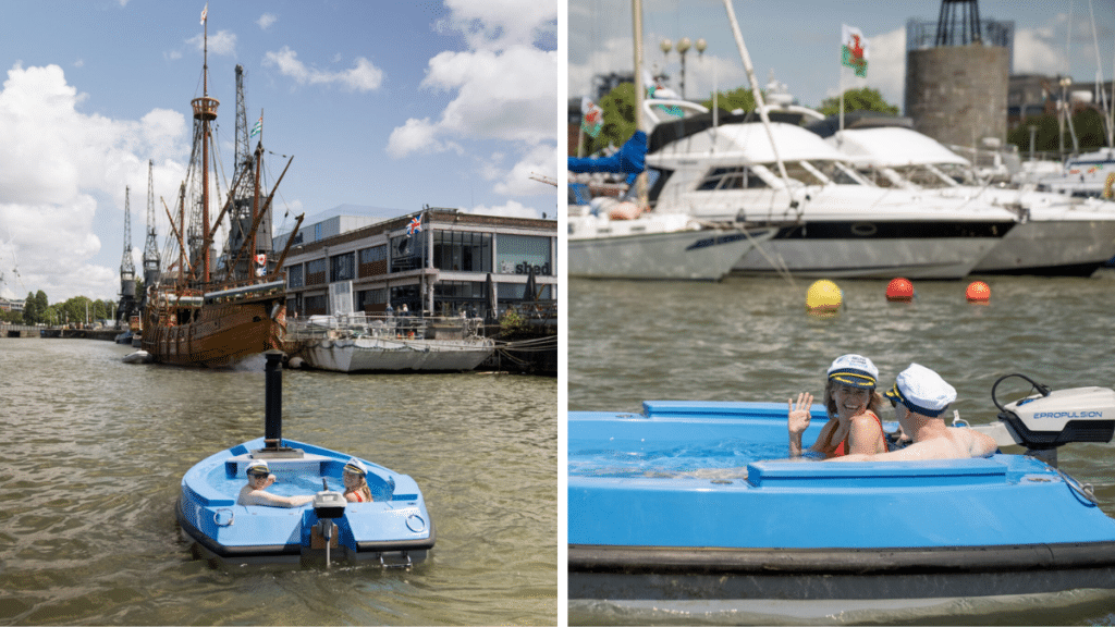 A couple sailing a hot tub boat down Bristol harbour, run by Skuna Boats