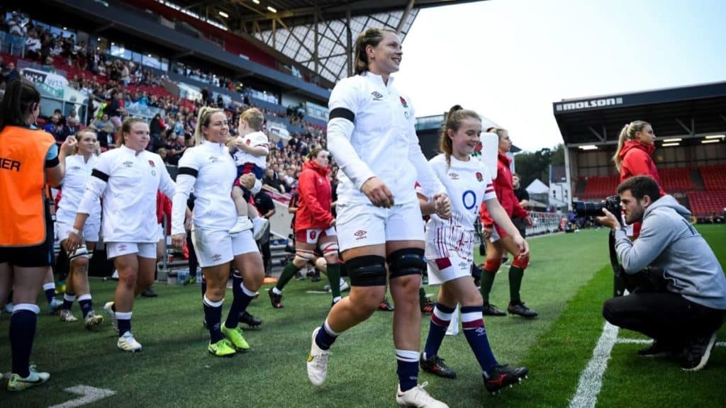 England and Wales women's rugby teams walking out on to the pitch, which will next happen at the Women's Six Nations