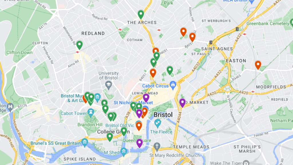 A map of late night bars and pubs in Bristol