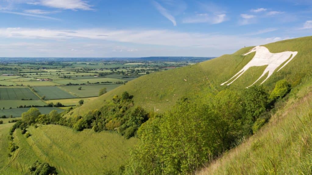View from Westbury White Horse. Hill figure created by exposing white chalk on the escarpment of Salisbury Plain in Wiltshire, UK