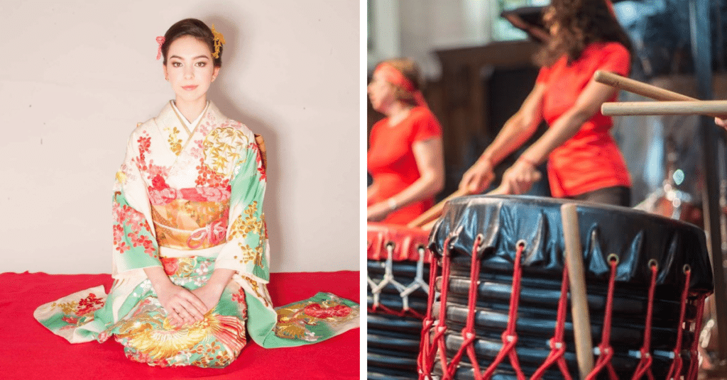 A woman sat in a kimono, while others drum