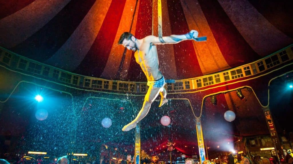 A circus performer at the cabaret-themed Christmas parties at Spiegeltent