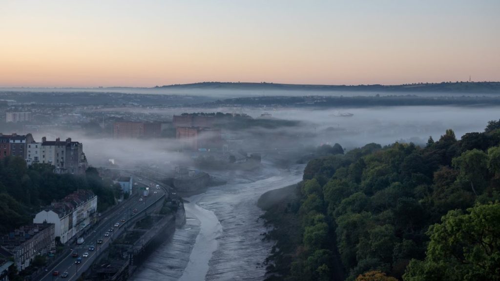A misty morning across the city of Bristol, England