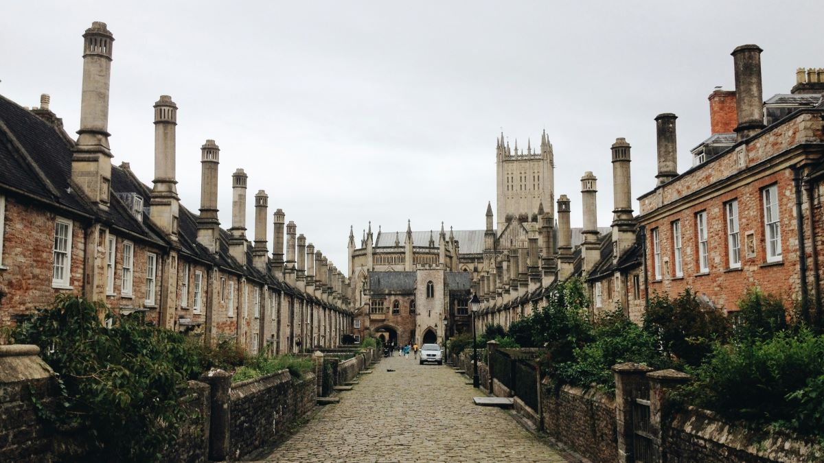 Vicar's Close, Wells, United Kingdom, with Wells Cathedral in the background