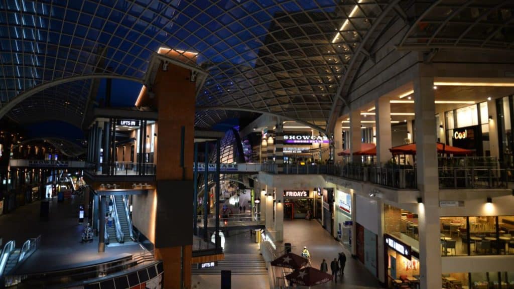 Bristol, England – August 14, 2019: Cabot Circus Shopping District in Bristol, with a Showcase cinema