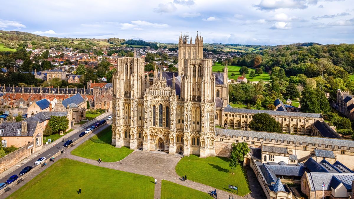 View of Wells Cathedral is in Wells, Somerset, England, UK